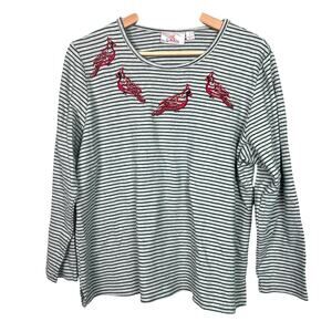 Quacker Factory Sz Large Cardinals Embroidered Green Gray Long Sleeve Stripe Tee
